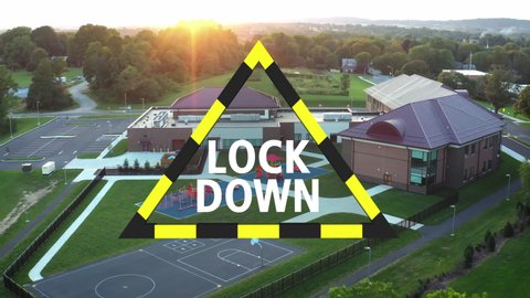Public School Lockdown Warning Symbol. Aerial of American school in USA during active shooter drill. Emergency crisis management.