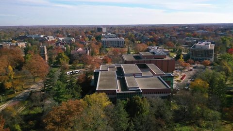 EAST LANSING, MICHIGAN - CIRCA 2020s - Aerial over Michigan State University college campus.