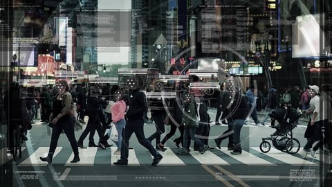 
Anonymous People Walking on Crosswalk in Busy Urban City Streets. Big Data Analysis.
Computer Interface Showing Data of the Crowd. Surveillance Footage, Face Recognition.