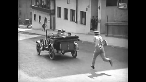 CIRCA 1924 - In this silent comedy, a man (Harold Lloyd) must chase a car with his family and mother-in-law as it speeds out of control downhill.