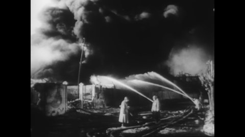 CIRCA 1944 - Oil fields in Ploiesti, Romania go up in flames after being bombed by the US Army Air Force.