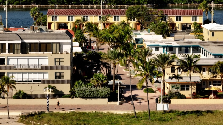 Aerial telephoto shot Hollywood Beach boardwalk