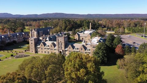 ROME, GEORGIA - CIRCA 2020s - Beautiful aerial establishing shot of Berry College, a classical Gothic English or British style college campus.