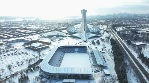Montreal, Quebec Canada 12-04-2021: Saputo stadium home of the FC Montreal and olympic Stadium aerial view in winter