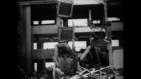 CIRCA 1945 - Close-up views of a building wrecked by the atomic bomb in Nagasaki.