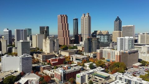 ATLANTA, GEORGIA - CIRCA 2020s - Excellent establishing aerial of downtown business district Atlanta Georgia.