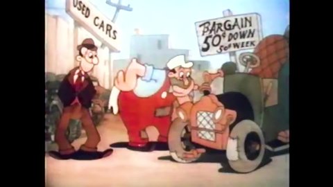 CIRCA 1936 - In this animated film, a shifty used car salesman offers to take three kids for a ride on an old car they want to rent.