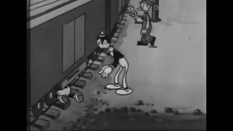 CIRCA 1946 - A policeman breaks up the shanty town where Dick and Larry live, so they shrink down their tiny home and sneak onto a train with it.