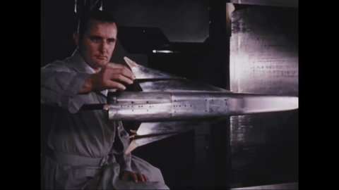 CIRCA 1959 - Wind tunnel tests are carried out on scale models of the Convair Super Hustler, the X-15, and the US Navy's Polaris missile.