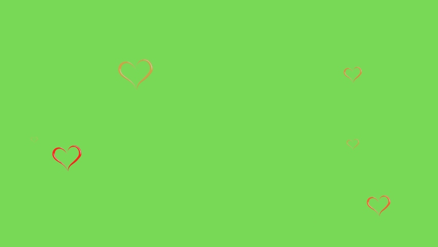 Red hearts isolated on green background move up 4k footage. Heart on green screen with space for copy