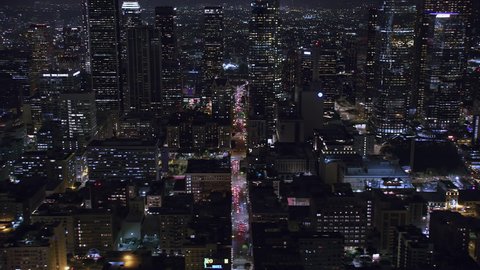 Los Angeles, California. Circa, 2019. Aerial View of Downtown La at Night. Streets Full Of Cars, Several Skyscrapers and Buildings. United States.  
