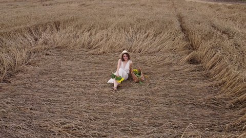 beautiful smiling young woman in dress is sitting on a wheat field. summer holiday concept. happy girl in wicker hat and bag in hand with sunflowers on nature. 4k.