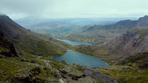 A fly over the beautiful Miner's Track in Mount Snowdon in Snowdonia, North Wales.