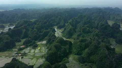 aerial drone shot of Ninh Bing national park. Unesco world heritage, King Kong movie shooting location. Panoramic view of landscape. 