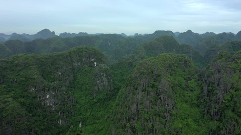 aerial drone shot of Ninh Binh National Park, Vietnam. Kink Kong skull island movie shooting location. Mountain archipelago, looking alike Halong Bay.