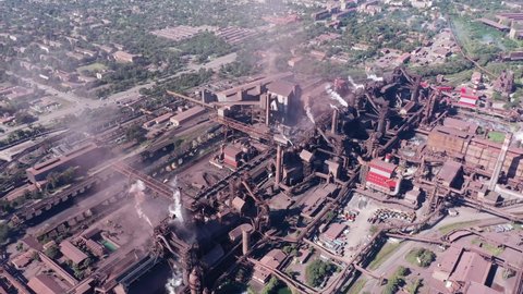 Blast furnaces from a bird's eye view. Steel Plant. Air pollution
