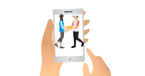 Graphic animation of a food delivery app with image hand and smartphone suitable for presentation media and infographics
