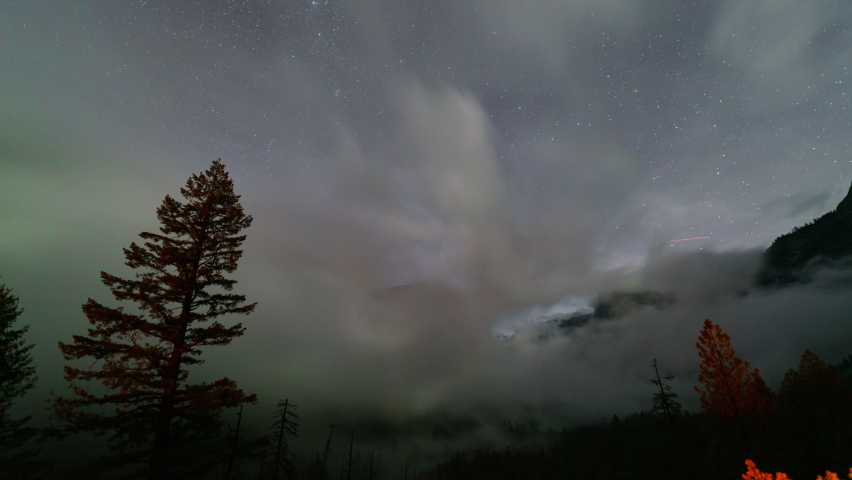 Time lapse of starry sky over Tunnel View in Yosemite National Park in California
