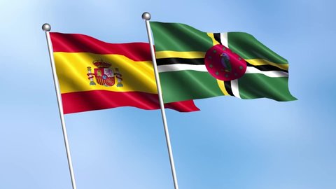 Spain, Dominica, 3D National flags of Spain and Dominica waving in the wind on sky background.
