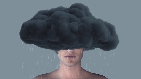 Man body with rainy cloud on head. Realistic 3d art composition in creative modern stop motion style. Minimal abstract graphic concept design. Fashion loop animation.