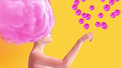 Woman body with cloud on head and flying spheres. Realistic 3d art composition in creative modern stop motion style. Minimal abstract graphic design. Fashion loop animation.