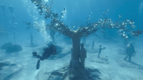 MEDITERRANEAN SEA, AYIA NAPA, CYPRUS - JULY 31, 2021: Museum of Underwater Sculpture Ayia Napa (MUSAN). Art work sculptor Jason deCaires Taylor. First in the world an underwater forest. 