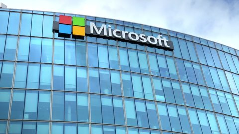 Issy les Moulineaux, France - January 2021 : Microsoft logo on the Microsoft France headquarters building in Issy les Moulineaux near Paris