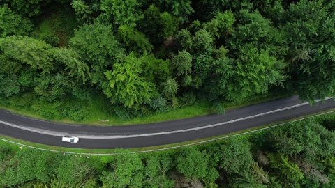 Aerial view of mountain twisted road through the forest and driving car. Mountains in summer and curved road through forest. Epic drone footage of highway in the wild mountain scenery. 
