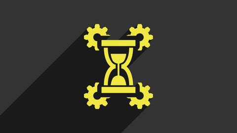 Yellow Hourglass and gear icon isolated on grey background. Time Management symbol. Clock and gear icon. Productivity symbol. 4K Video motion graphic animation.