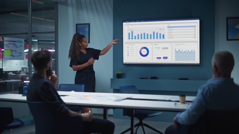 Company Operations Director Holds Sales Meeting Presentation for a Team of Executives. Multiethnic Female Uses TV Screen with Growth Analysis, Charts, Statistics and Data. Work in Business Office.