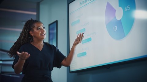 Company Operations Director Holds Sales Meeting Presentation for Employees and Executives. Creative Black Female Uses TV Screen with Growth Analysis, Charts, Ad Revenue. Work in Business Office.
