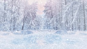 Snow falls against the background of snow-covered trees. Snowfall in the forest. The lights of a sun. Christmas background for design. Animated 4K video.