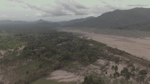 Sorrowful Landscape view impact of Mount Semeru eruption in Lumajang, East Java, Indonesia | aerial drone footage videography 4k