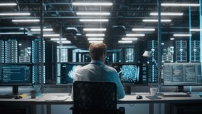 High-Tech Data Center Server Control: IT Specialist Administrator Working on Computer, Screen Showing Advancing Big Data AI Analysis. Web Services, Cloud Computing, Analytics Facility, Cyber Security - Powered by Shutterstock - Get 15% off with code: PIKWIZARD15