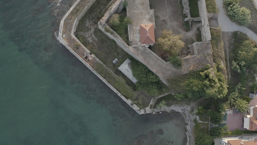 Drone Top Shot flight above the Pantocrator Castle in preveza in greece