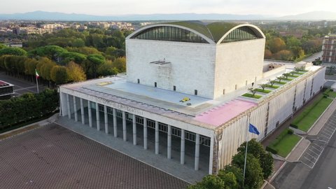 The Palazzo dei Congressi in Rome. Eur, the modern district of the fascist era.
Aerial shooting with drone of the Eur district of Rome