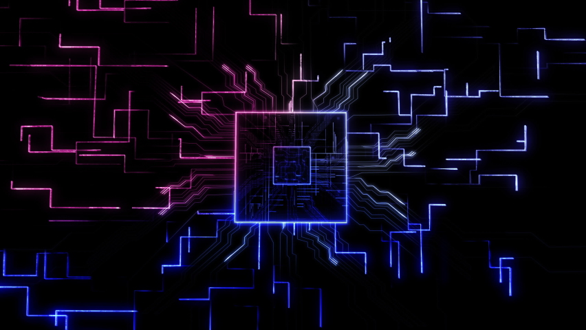 Futuristic Technology Animation CPU GPU Circuit Board Neon. 3D visualization Microchip Augmented Virtual Reality. Data Transmission in Board Chip. Internet of Things. | Shutterstock HD Video #1083687940