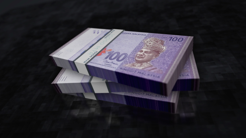 Malaysia Ringgit money pile pack. Concept background of economy, banking, business, crisis, recession, debt and finance. 100 MYR banknotes stacks 3d animation. | Shutterstock HD Video #1083690823