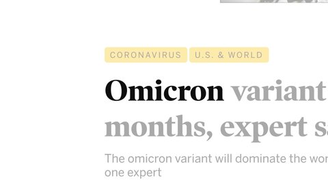 Cluj, Romania - December 9, 2021: Seamless loop of Omicron Coronavirus variant in the news titles across international media. Omicron Coronavirus variant. Coronavirus, COVID-19 illustrative editorial