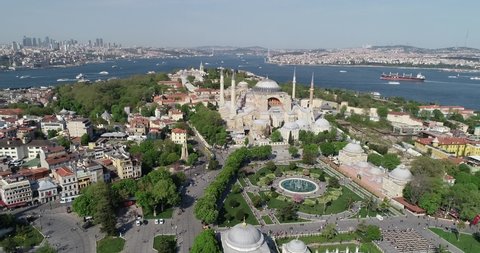 Aerial drone shot of Hagia Sophia Holy Grand Mosque Ayasofya Camii with Bosphorus, movement shot, Ottoman islamic Archaeological, Istanbul, Turkey at the day