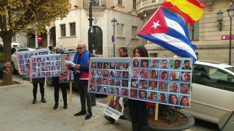 Palma de Mallorca, Spain; December 10th 2021: Cuban protest against Miguel Diaz Canel political regime, showing photos of  cubans arrested or missing