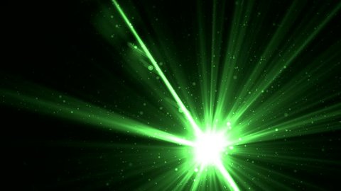 Animation green background with rays and sparkles stars on black background. Abstract animation background with lens flare. Seamless loop. 