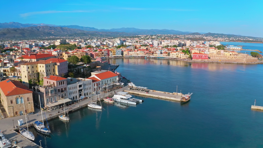 Chania old town and Venetian harbor aerial panorama. Travel to Greece landscape Royalty-Free Stock Footage #1083703363