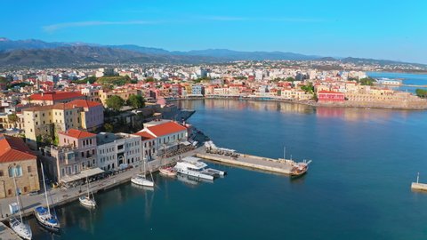 Chania old town and Venetian harbor aerial panorama. Travel to Greece landscape