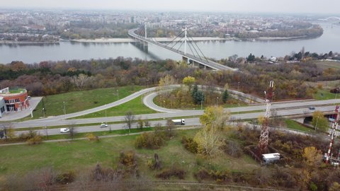 Aerial shot of Danube river and Liberty bridge in Novi Sad, Serbia