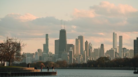November 25, 2021 Chicago, Illinois. Golden Hour Sunset. Downtown Skyline with Lake Michigan.