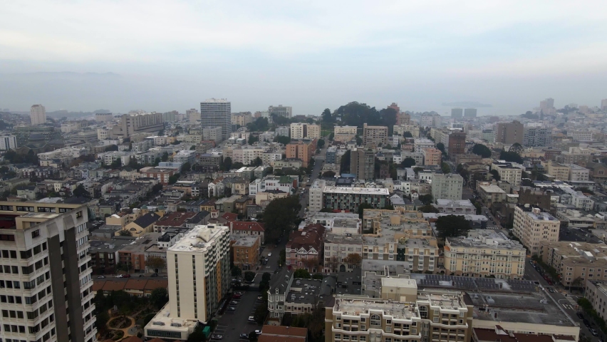 Aerial view of the Pacific Heights cityscape, in San Francisco - pan, drone shot