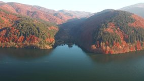Splendid clear lake from a bird's eye view. Shooting from a quadcopter. Tereblia reservoir, Carpathian Mountains, Ukraine. Cinematic aerial shot. Discover the beauty of earth. Filmed 4k, drone video.