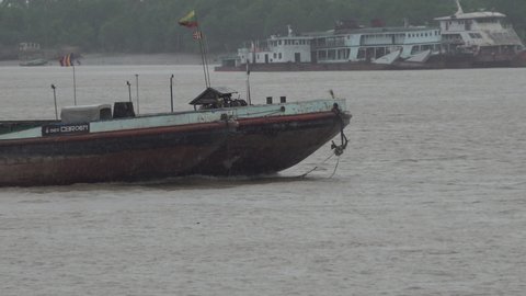Yangon, Myanmar-July 07 2019 : Myanmar people live peacefully on the Yangon River before 2021 coup