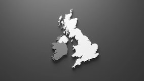 3d rendering o fan United Kingdom map in White color on black background. 4K Animation